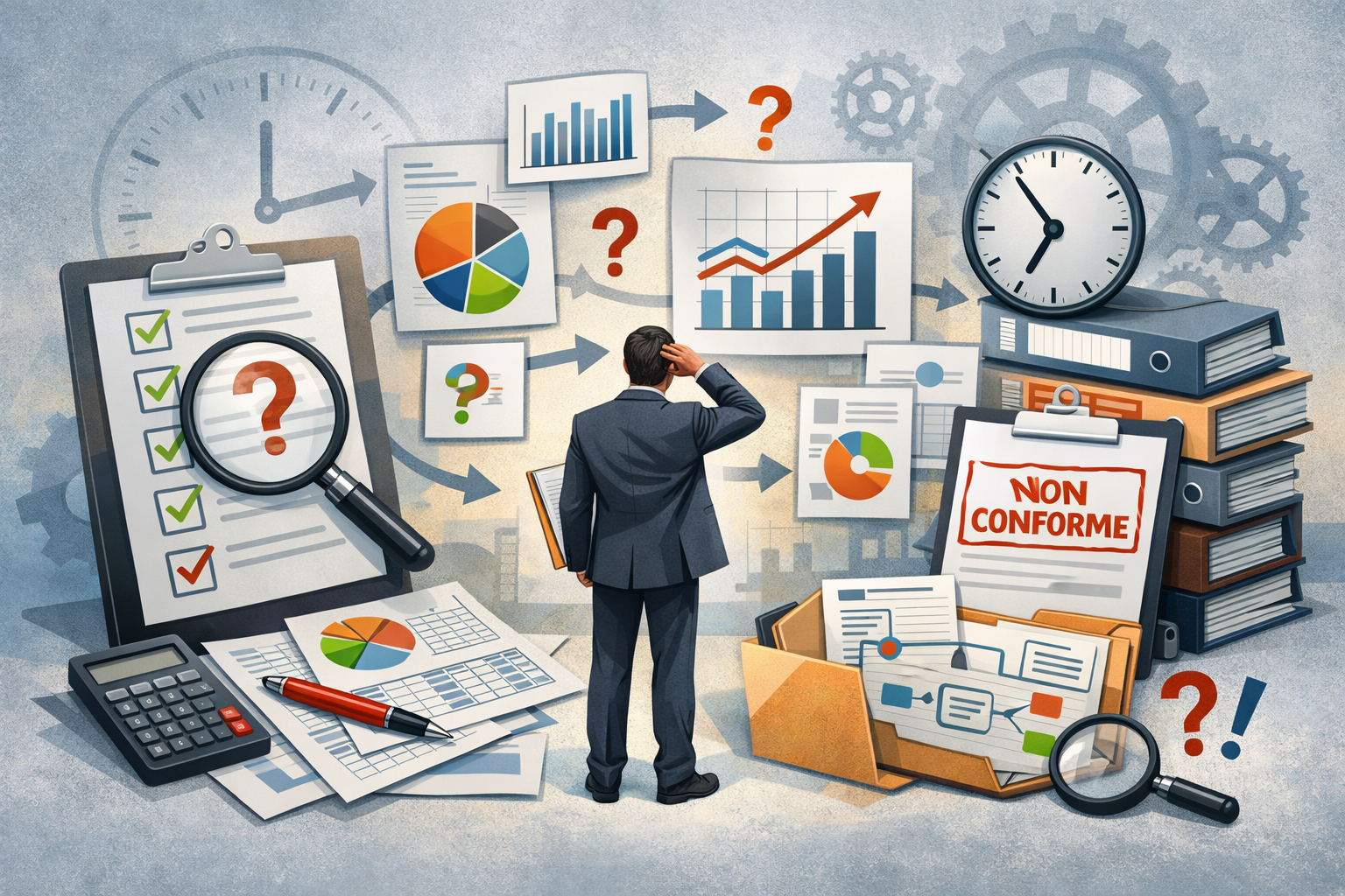 Illustration conceptuelle d’un audit qualité montrant un auditeur face à des graphiques, indicateurs et tableaux de bord entourés de points d’interrogation, soulignant la difficulté à justifier et expliquer les chiffres en situation d’audit.