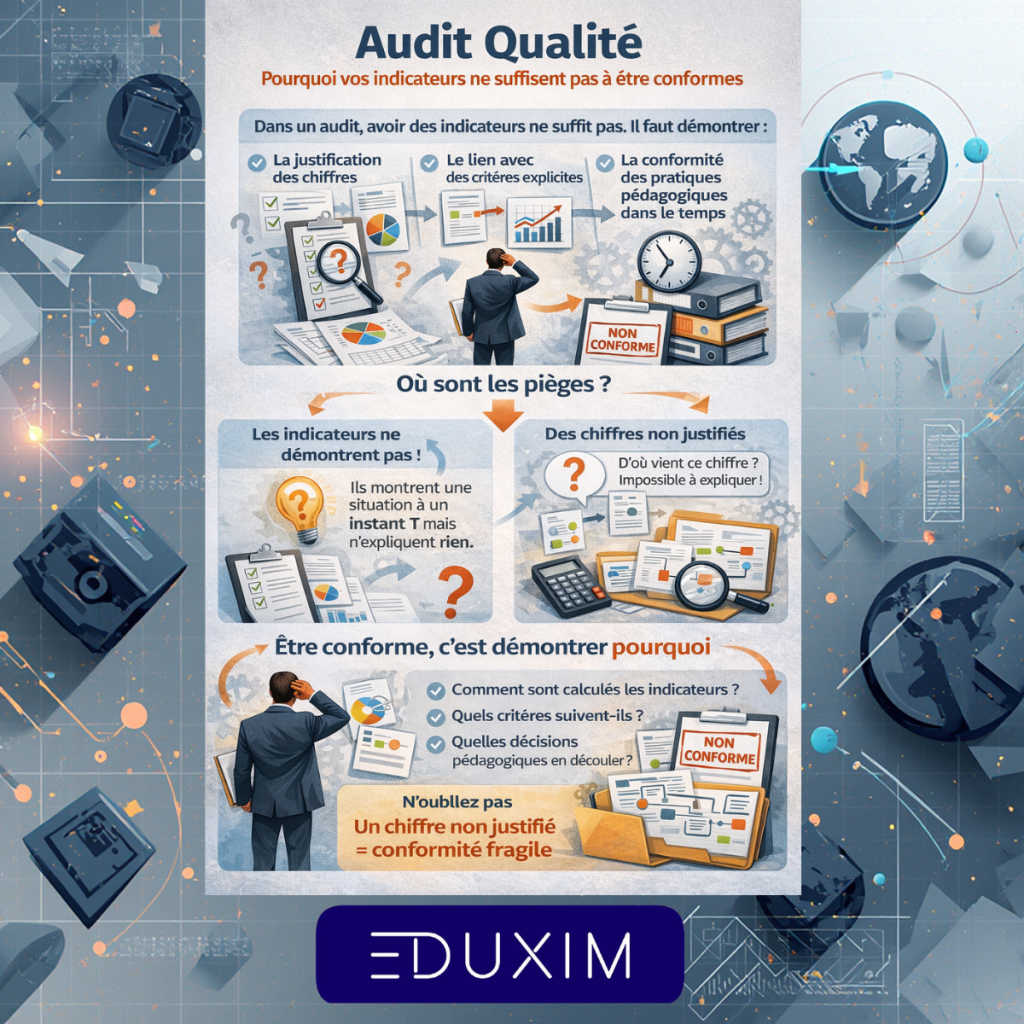 Infographie montrant la différence entre des indicateurs chiffrés et une démarche de conformité en audit qualité, avec mise en évidence de la justification des données, des critères d’évaluation et des décisions pédagogiques.