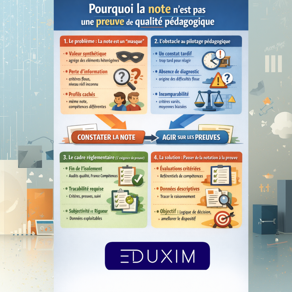 Infographie expliquant pourquoi une note chiffrée ne constitue pas une preuve de qualité pédagogique. Elle montre que la note masque la réalité des compétences en agrégeant des éléments hétérogènes, empêche le pilotage pédagogique faute de diagnostic exploitable, et ne répond plus aux exigences réglementaires de traçabilité et de preuve. L’infographie conclut sur la nécessité de passer d’une logique de notation à des évaluations critériées fondées sur des référentiels de compétences et des données descriptives, afin de soutenir la décision pédagogique et l’amélioration continue des dispositifs de formation