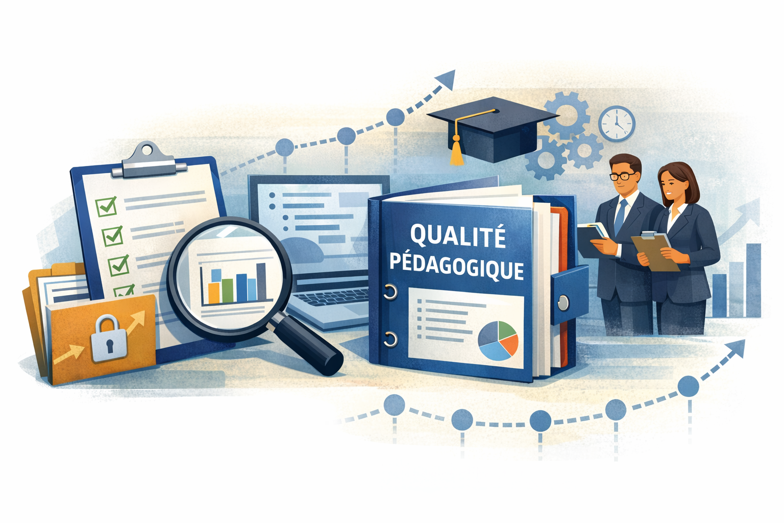 Illustration représentant un classeur “Qualité pédagogique”, des graphiques, une loupe d’analyse et des professionnels examinant des documents, symbolisant l’assurance qualité pédagogique et la conformité en audit.