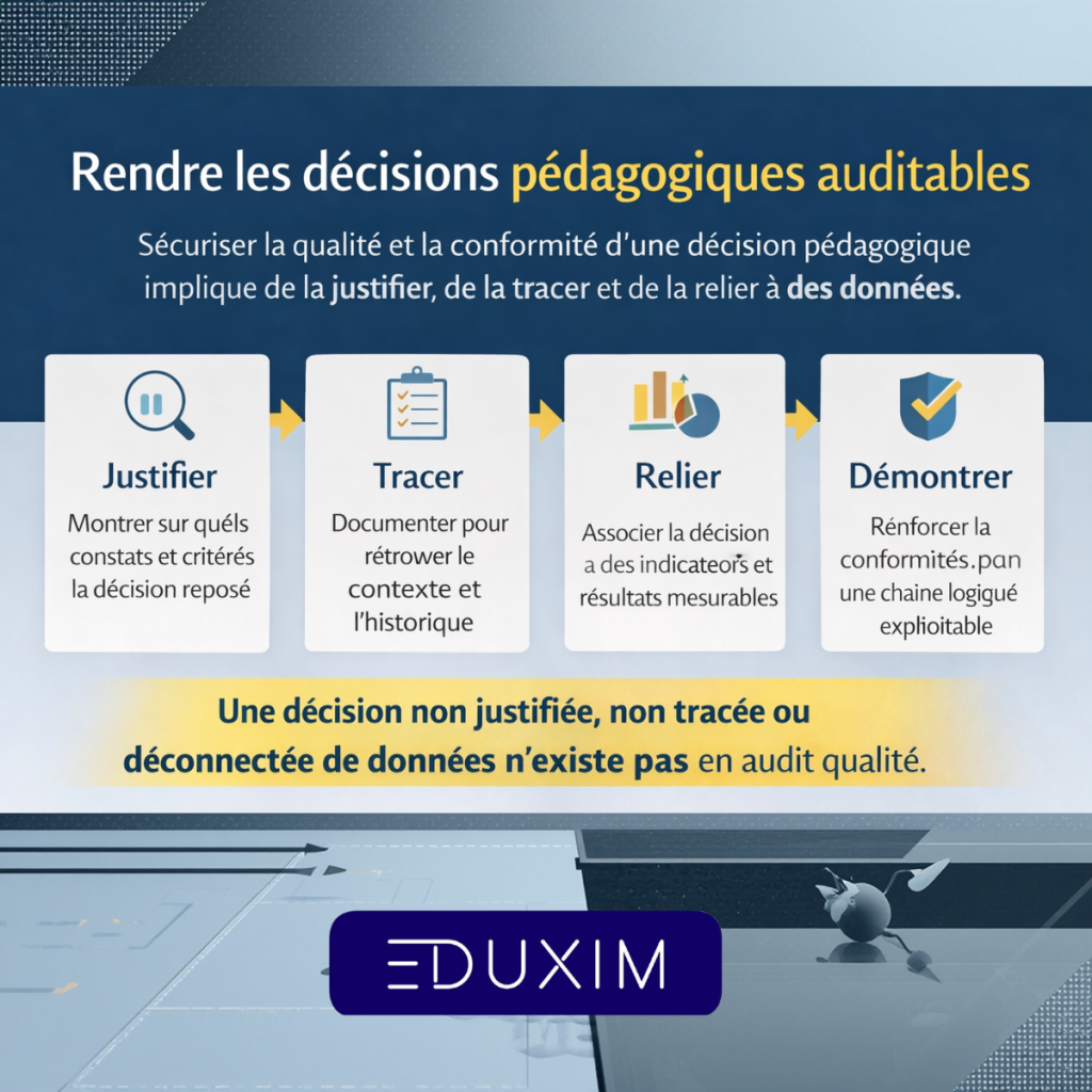 Infographie présentant les étapes pour rendre les décisions pédagogiques auditables : justifier la décision, la tracer, la relier à des données mesurables et démontrer la conformité en audit qualité.